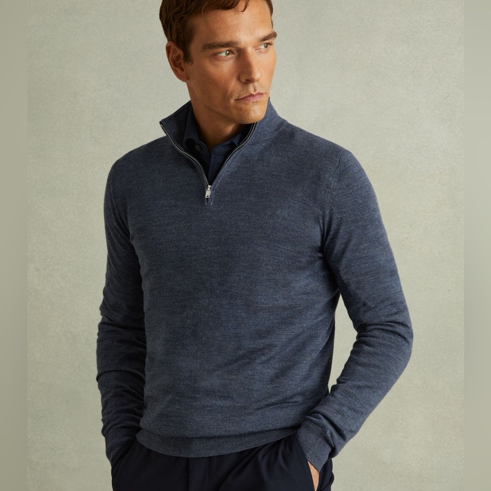 ✨ Reiss Merino Wool Half-Zip Funnel Neck Pullover Dark Grey Size Medium